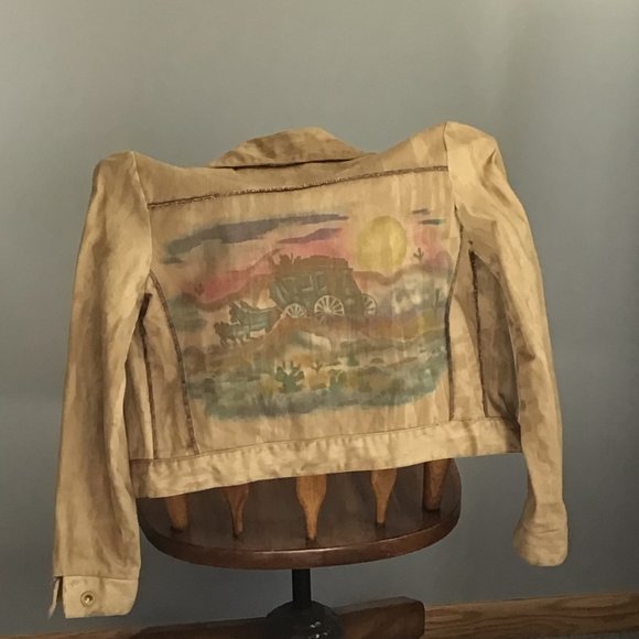 Vintage Western Themed Tan Denim Jacket Bronson of California - - Picture 2 of 14
